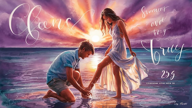 Vector illustration captures a tender moment between a young couple on a secluded beach