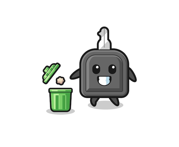 Illustration of the car key throwing garbage in the trash can cute design