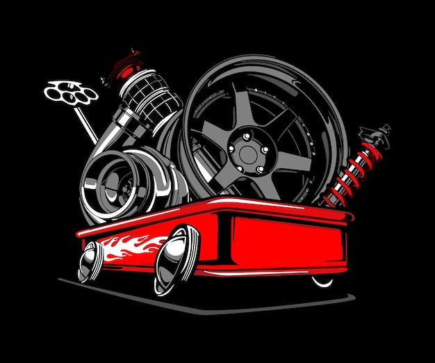 Illustration of car parts and wheel loaded on a red racing wagon