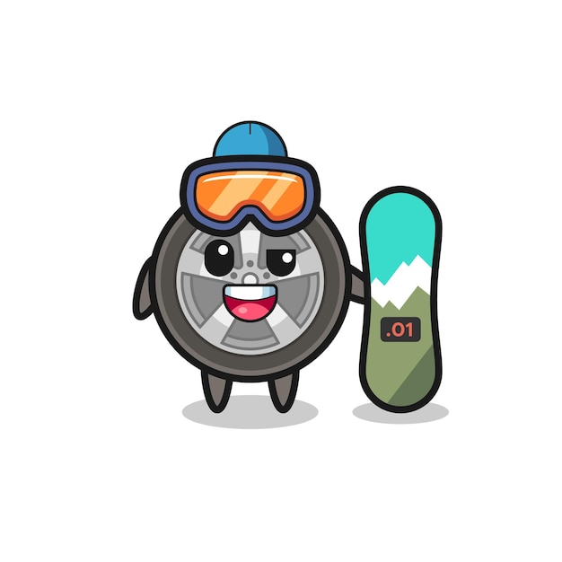 Illustration of car wheel character with snowboarding style , cute style design for t shirt, sticker, logo element