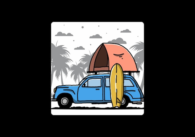 Illustration of car with a roof tent and a surfboard on the side