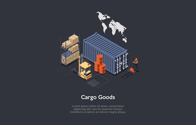 Vector illustration of cargo goods in warehouse surrounding. composition in cartoon 3d style.