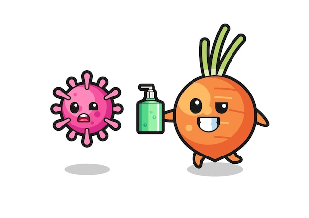 Illustration of carrot character chasing evil virus with hand sanitizer