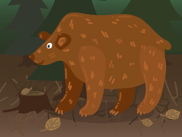 Illustration of a cartoon bear in the forest Forest world with a cheerful big bear The bear