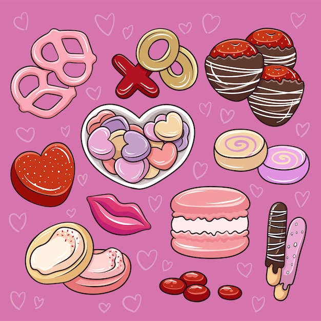 Illustration of cartoon doodle desserts valentine