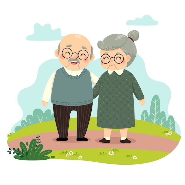   illustration cartoon of elderly couple standing and holding hands in the park. Happy grandparents day concept.