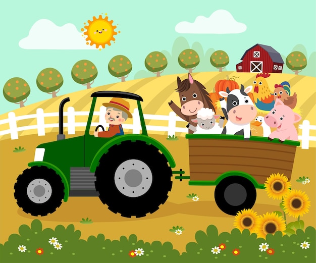   illustration cartoon of happy elderly farmer driving a tractor with a trailer carrying farm animals on the farm.