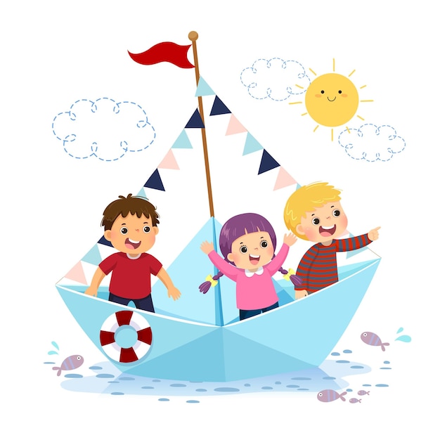  illustration cartoon of happy kids floating on a paper boat on the water.