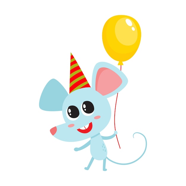 illustration of cartoon holiday funny mouse, mouse character with balloon for birthday