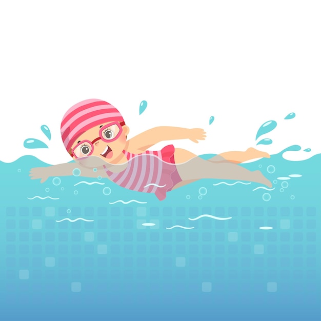  illustration cartoon of little girl in pink swimsuit swimming in the pool.