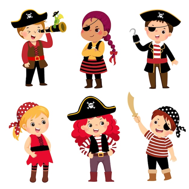  illustration cartoon set of cute kids dressed in pirate costumes.