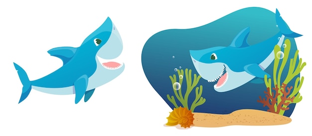 Illustration of a cartoon shark under water Underwater world with a funny shark The shark is in its usual habitat