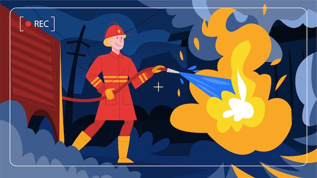  illustration in cartoon  style of brave fireman firhting with flame.