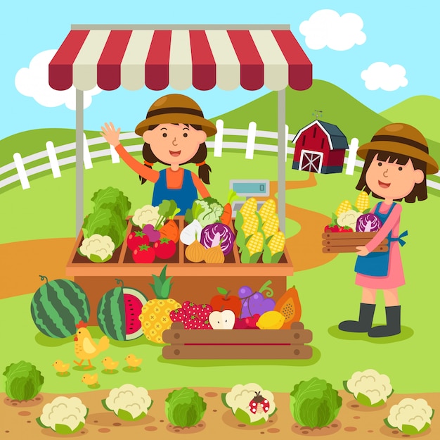 Illustration cartoon woman sells fresh vegetables and fruits homemade products