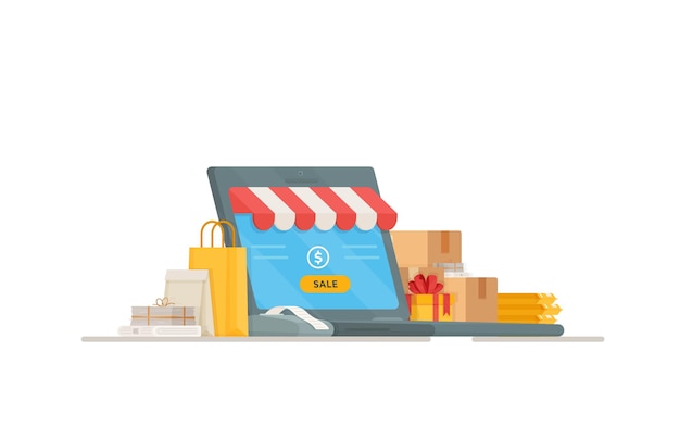 illustration of the cash register. Shopping in a store. Shopping and payment. Online sales in the stores.