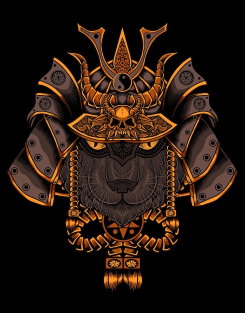 Illustration cat head with samurai helmet on black background