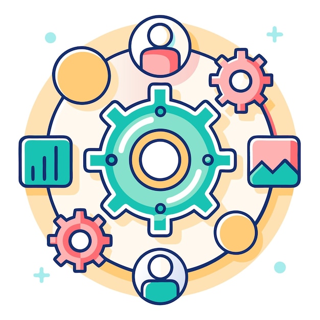 Vector illustration of a central gear surrounded by icons representing user data chart and settings