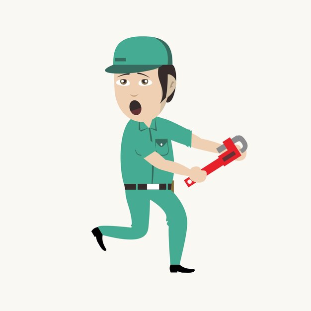 Illustration character Professional plumber Cartoon emotions and a toolbox in the other hand