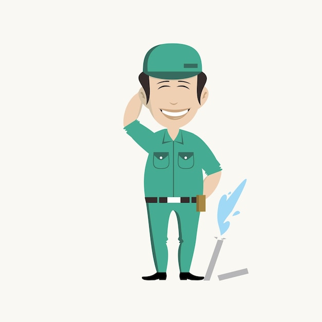 Illustration character Professional plumber Cartoon emotions and a toolbox in the other hand