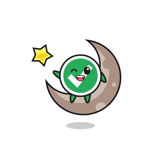 Illustration of check mark cartoon sitting on the half moon