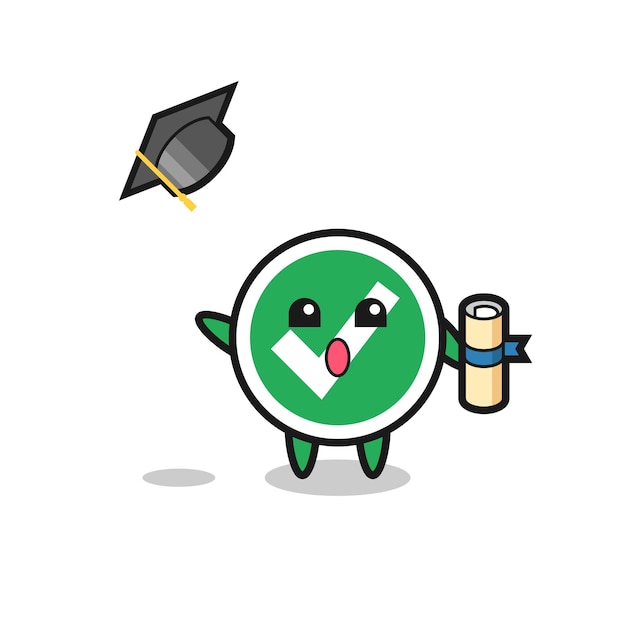 Illustration of check mark cartoon throwing the hat at graduation