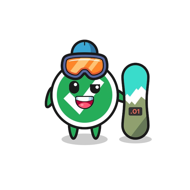 Illustration of check mark character with snowboarding style