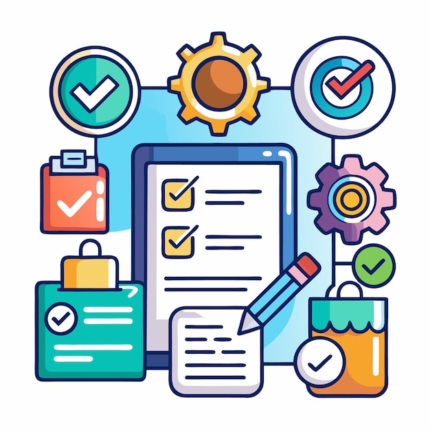 Vector illustration of checklist gear and check marks representing completed tasks