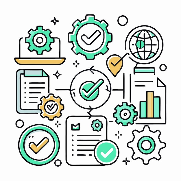 Illustration of checklist gears and checkmarks