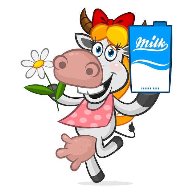 Illustration cheerful cow holding carton of milk, format EPS 10