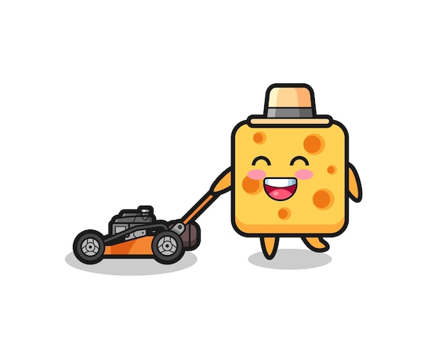 Illustration of the cheese character using lawn mower , cute style design for t shirt, sticker, logo element