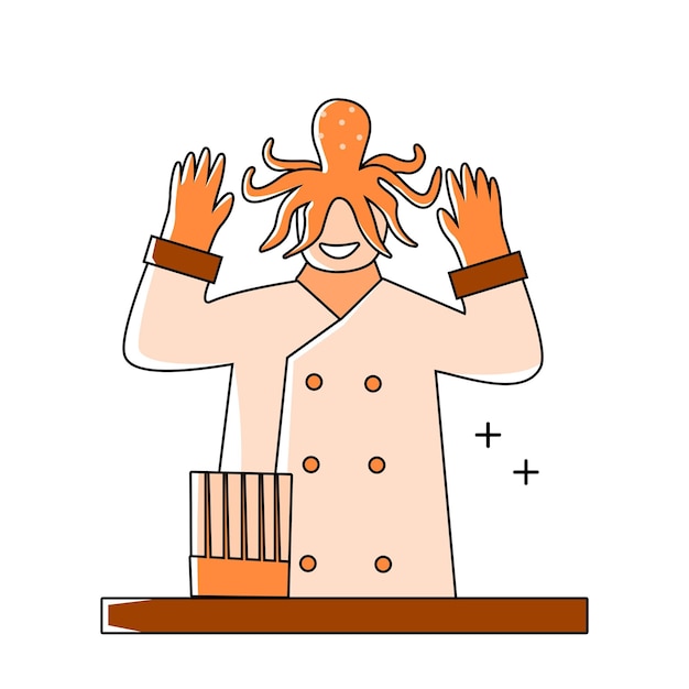 illustration of a chef cooking seafood using a flat design outline style