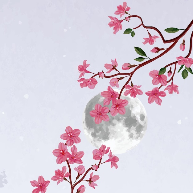 Vector illustration of cherry blossoms with a moon background