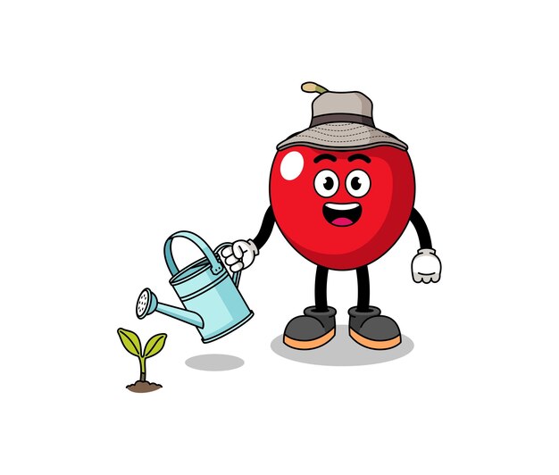 Illustration of cherry cartoon watering the plant character design