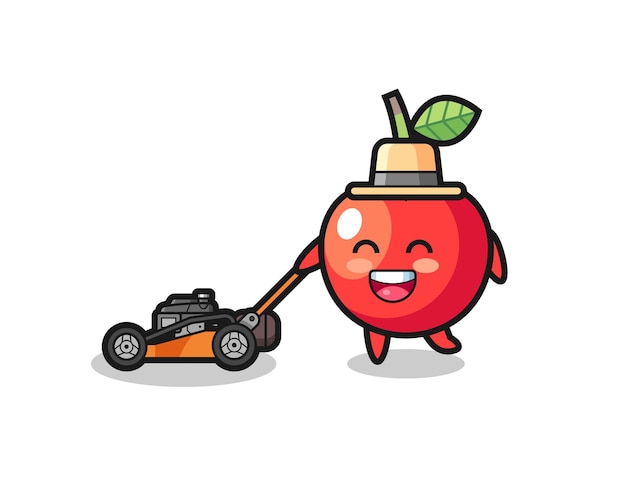 Illustration of the cherry character using lawn mower