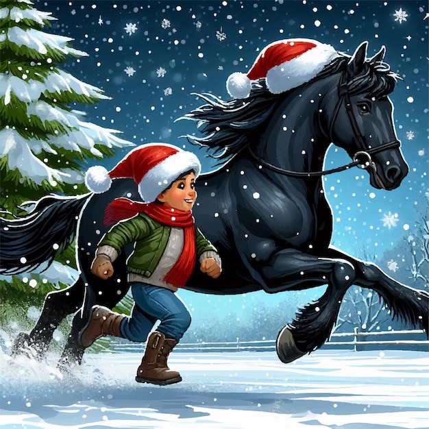 Vector illustration of a child in a christmas hat running in the snow with a black horse