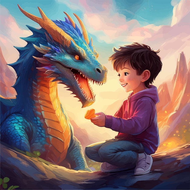 illustration of a child feeding a dragon