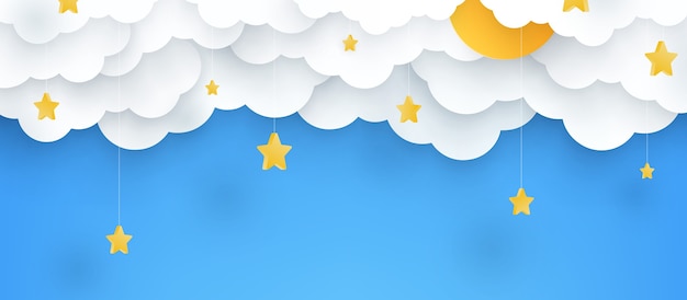  illustration. Childish blue background with clouds and stars