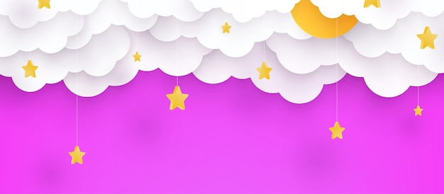  illustration. Childish pink background with clouds and stars