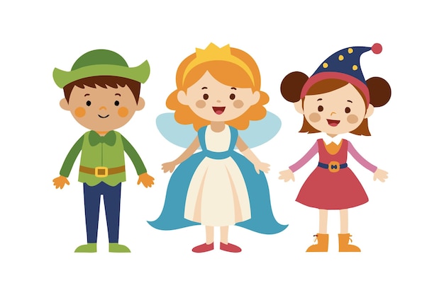 Vector illustration of children in cute fairytale costumes celebrating a happy and magical time