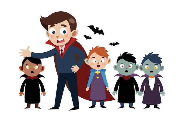 Illustration of children in Halloween costumes with a vampire and bats