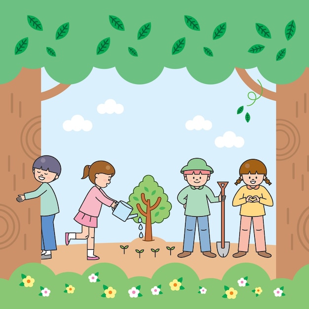 Illustration of children planting a tree