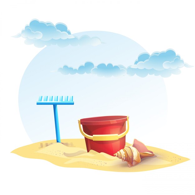 Illustration for children&#39;s sand bucket and a rake with shell