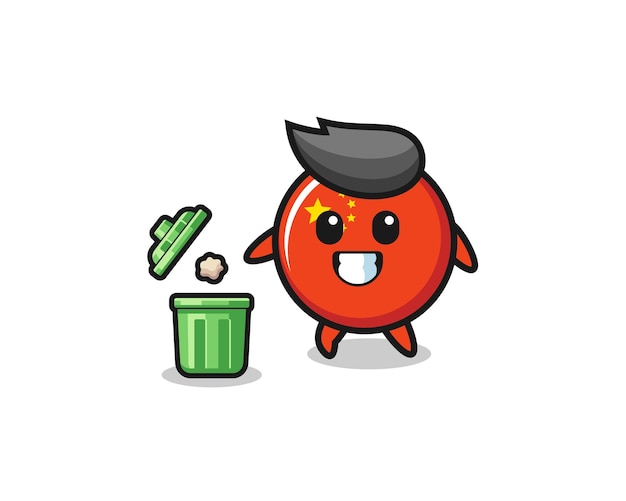 Illustration of the china flag throwing garbage in the trash can cute design