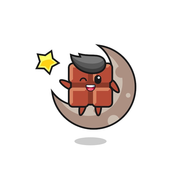 Illustration of chocolate bar cartoon sitting on the half moon