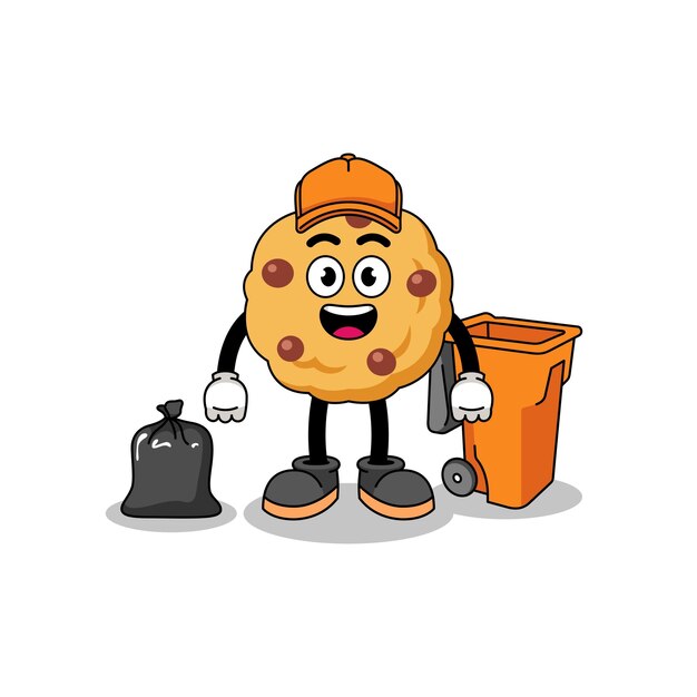 Illustration of chocolate chip cookie cartoon as a garbage collector character design