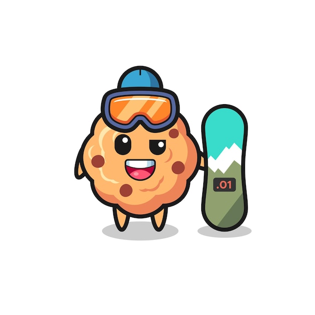 Illustration of chocolate chip cookie character with snowboarding style , cute style design for t shirt, sticker, logo element