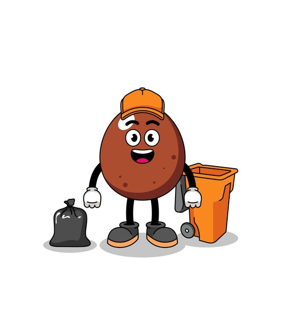 Illustration of chocolate egg cartoon as a garbage collector character design