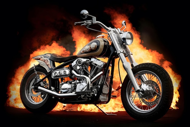 illustration of chopper motorcycle with fire flame