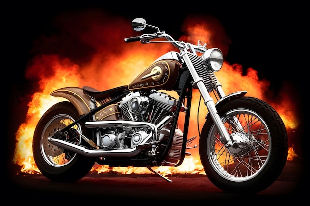 illustration of chopper motorcycle with fire flame