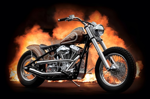 illustration of chopper motorcycle with fire flame